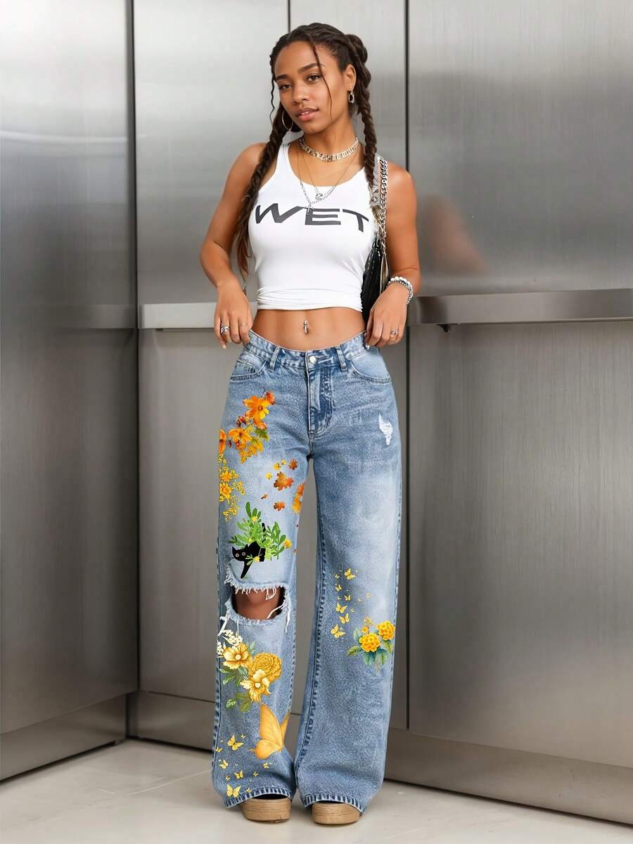 Ladies' Jeans For Daily Chic Floral Pattern With Butterflies And Birds Ladies' Distressed Wide-Leg Denim Jeans - Casual Commute Style With Prints, Light Wash NZ002 - 藍色 - 查看 1
