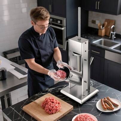 Manual Sausage Stuffer, 11 LBS / 5 L Vertical Meat Stuffer, Dual-Speed Sausage Casing Meat Filling Machine, Stainless Steel Heavy Duty Filler With 5 Stuffing Tubes, For Commercial & Home Use
