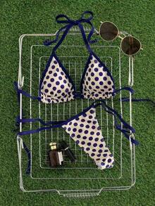 Bộ bikini chấm bi hở lưng gợi cảm, áo tắm hở lưng buộc dây dành cho nữ, độ co giãn vừa phải - Màu xanh lam - Xem 3