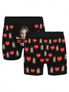 1pc Customized Face Print Men's Briefs, Personalized Gift For Boyfriend/Husband, Printed With "I Love You" And A Red Heart - Multicolor - View 3