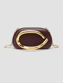 1 Pc PU Clutch Bag With Gold Metal Accent & Chain Strap, Stylish Black Evening Handbag With Unique Design, Ideal Valentine's Day Gift & Personalized Accessory, Fashionable Choice For Parties, Weddings, Galas, Dinners, Elegant Ladies Bag With Affordable Luxury Feel - 咖啡棕 - 查看 1