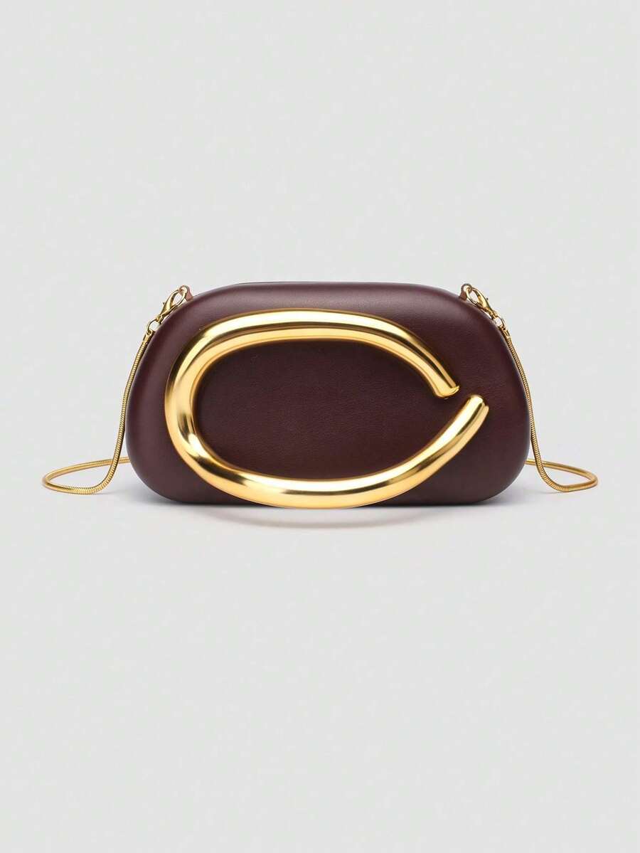 1 Pc PU Clutch Bag With Gold Metal Accent & Chain Strap, Stylish Black Evening Handbag With Unique Design, Ideal Valentine's Day Gift & Personalized Accessory, Fashionable Choice For Parties, Weddings, Galas, Dinners, Elegant Ladies Bag With Affordable Luxury Feel - 咖啡棕 - 查看 1