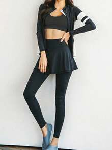 三件套女士运动泳装：运动文胸、拉链长袖上衣、经典裙裤，适合游泳、冲浪、骑行、户外活动 - 黑與白 - 查看 8