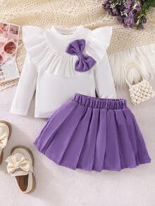Set de 2 piezas de top acanalado con lazo y falda plisada de pana para niñas, estilo escolar elegante, para primavera/otoño - Morado - Ver 2