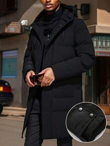 Men's Long Sleeve Winter Padded Coat, Mid-Length Knee-Length With Hood, Casual, Business, Street Fashion Parka - Black - View 4