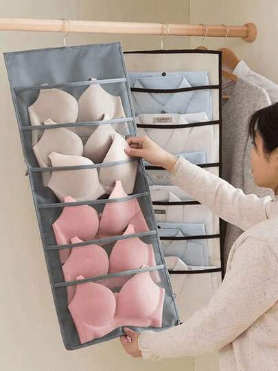 1pc Double-Sided Multi-Compartment Bra, Socks, Underwear Storage Hanging Bag, Foldable Wardrobe Door Organizer, Wall-Mounted Storage Pouch