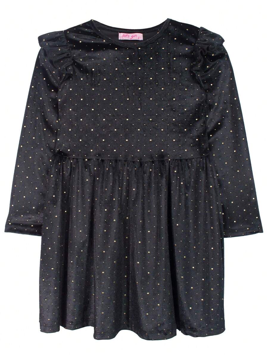 Vestido de velour negro con pequeños lunares dorados para niña de 4 a 12 años. manga larga, cuello redondo - Negro - Ver 1