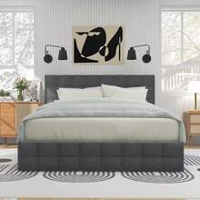 Upholstered Bed With 4 Drawers & Spring Mattress, Double Bed With Slatted Base, Height-Adjustable Headboard & Square Stitching Design, Metal Slat Support, Linen Material (140*200 Cm, Grey) - Grey - View 6