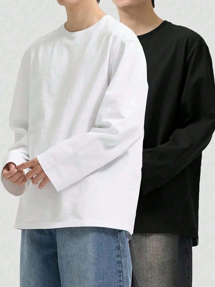 两件套加大码男士圆领长袖休闲T恤，易于搭配，送朋友的最佳礼物 - 彩色 - 查看 1