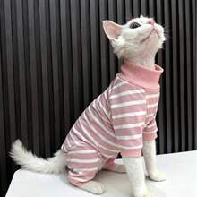 Áo sơ mi bốn chân sọc hoạt hình mùa Thu/Đông, quần áo ấm áp thân thiện với da bảo vệ bụng cho mèo không lông, áo lót cho mèo Anh lông ngắn, mèo Ragdoll, mèo Sphynx, quần áo chống rụng lông cho mèo. - Hồng - Xem 13