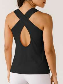 Damen Fitness Criss-Cross Träger Sport Tank Top, Gym Workout Lässig Ärmellos Shirt Schwarz Sommer - Übersicht 3