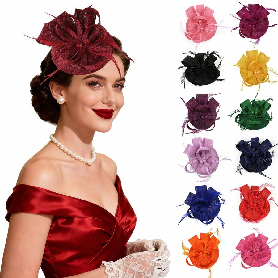 1pc Women's Flower Fascinator Hat Sinamay Feather Tea Party Fascinator Derby Hat Wedding Headband And Clip, Tiny Hats, Mini Cap, Mini Fascinator - Multicolor - View 1