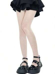 1 đôi quần tất nữ màu trơn họa tiết trái tim thanh lịch, cỡ XS-XXL - trắng - Xem 2