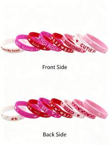 16Pcs Valentine's Day Silicone Bracelets Set (8 Unique Designs, 2 Each) - Red/Pink/White Assorted Colors, Soft Flexible Rubber Wristbands With Heart Patterns & Love Messages, Party Favors For Weddings/Bridal Showers/Bachelorette Parties, Sweet Exchange Gifts For Valentine's Day Celebrations - Multicolor - View 2