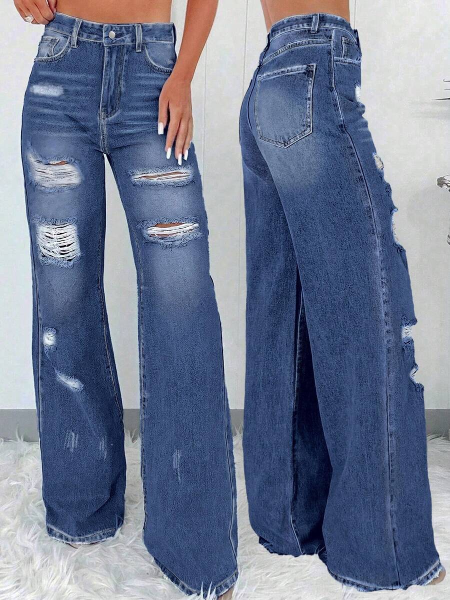 女士优雅时尚个性街头细节破洞纽扣牛仔裤，适合单身派对、返校季、情人节、休闲、夜间外出、春季旅行等场合。