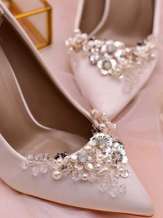 1 Pair (2pcs) Handmade Faux Pearl & Rhinestone Flower Shaped Metal Shoe Clips, Detachable Shoe Decorations Suitable For Wedding, Party, Office, Banquet And Other Occasions