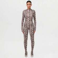 Mono ajustado de manga larga con estampado de pitón, casual para otoño e invierno, para damas - Caqui - Ver 11