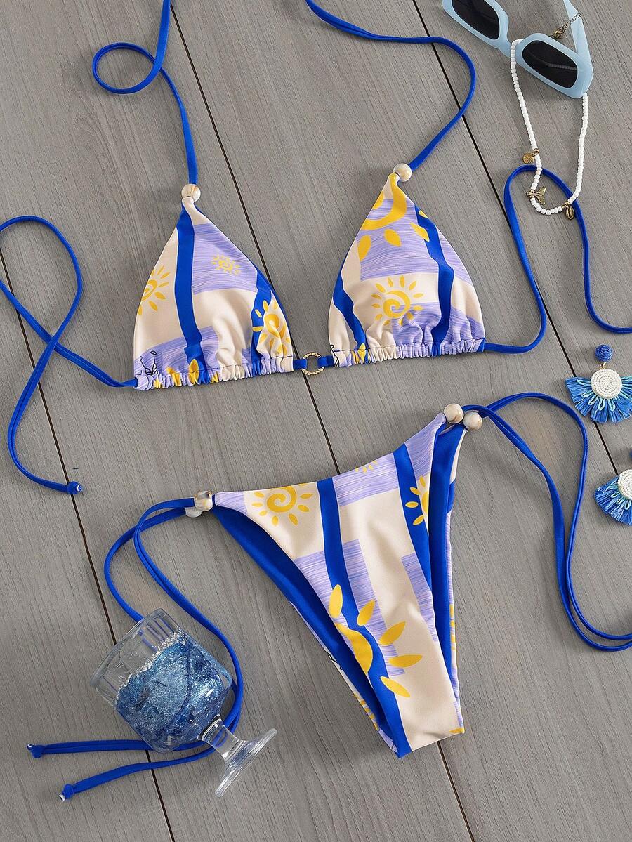 Women's Bohemian Style Sunflower Print Backless Tie-Up Metal Beaded Bikini Set, High Elastic Side Tie-Up Printed Swimsuit, Summer Beach Holiday - Multicolor - View 1