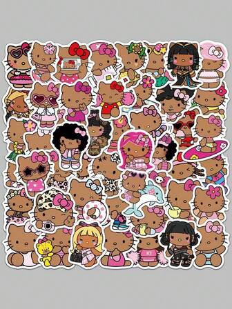 Sanrio 50PCS Cute Black Skin Hello Kitty Stickers Kawaii Creative Sanrio Cartoon DIY Decorative Decals Phone Laptop Diary Guitar Stationery Waterproof Stickers