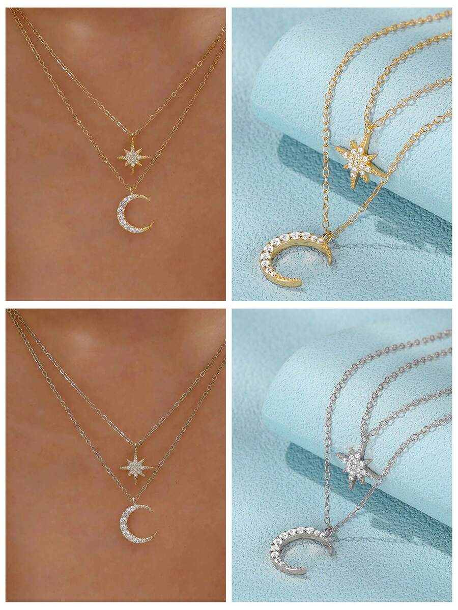 1Pc Star Moon 925 Sterling Silver Classic Necklace Eternity For Daily Wear Daily Wear Wedding Party Engagement Fine Jewelry