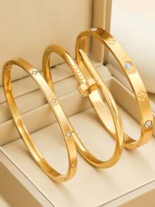 Luxury Stainless Steel Zirconia Bracelet & Bangle Set, High-End Sparkling Zirconia Jewelry Set, Versatile Daily Wear For Women - Gold - View 2