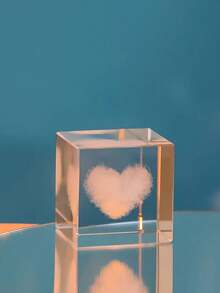 1个迷你3D心形雕刻水晶玻璃立方体 - 反光桌面摆件，适用于家庭和办公室，是情人节和节日礼物的理想之选，桌面装饰品|装饰立方体|光面，心形装饰