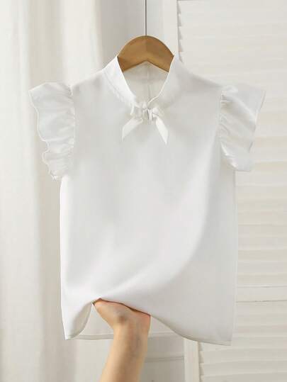 女童时尚纯色翻领蝴蝶结装饰短袖宽松衬衫裙，适合青少年女孩的休闲夏季上衣