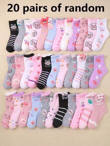20 Pairs Girls' Cartoon Pattern Comfortable Mid-Calf Socks, Rabbit/Bear Designs, Lace Trim, Assorted Styles, Suitable For Daily Wear - Multicolor - View 22