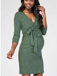 Maternity Solid Color Elegant Casual Twist Ribbed Fitted Dress For Daily Wear - Forest Green - View 7