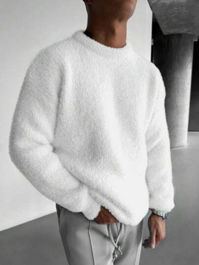 Unisex fluffig rundhalsad tröja, koreansk stil, avslappnad lös passform, stickad pullover, lämplig för höst, vinter, skolstart