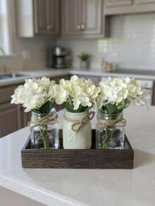 Bohemian Fall Mason Jar Floral Arrangements, Living Room Decorative Vases, Dining Room Ornaments, With String Lights - Centerpieces On A Rustic Wooden Tray, Thanksgiving Artificial Rose Bouquet Table Decoration, Farmhouse-Style Ladies' Gift. - trắng - Xem 1