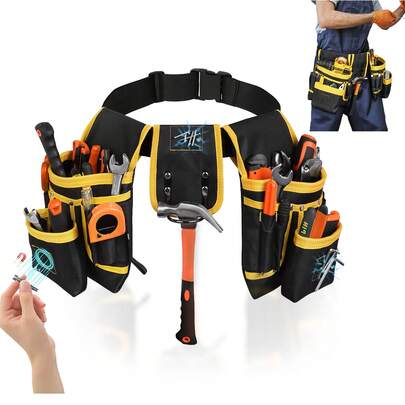Cinturón de Herramientas de Tela Oxford con 26 Bolsillos,Cinturón de Herramientas, Bolsa de Herramientas Extraíble y Ajustable con Bolsillos Magnéticos para Electricistas, Carpinteros y Constructores