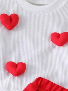 Estilo del Día de San Valentín - Conjunto informal para niñas con blusa blanca sólida con decoración de corazón 3D y falda plisada roja grande - Blanco - Ver 5