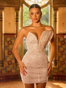 Faeriesty 优雅无袖仿珍珠亮片装饰晚礼服，后背可调节肩带，适合婚礼、红毯活动、新娘礼服及奢华派对等正式场合，也适合情人节或春季派对。 - 香檳色 - 查看 2