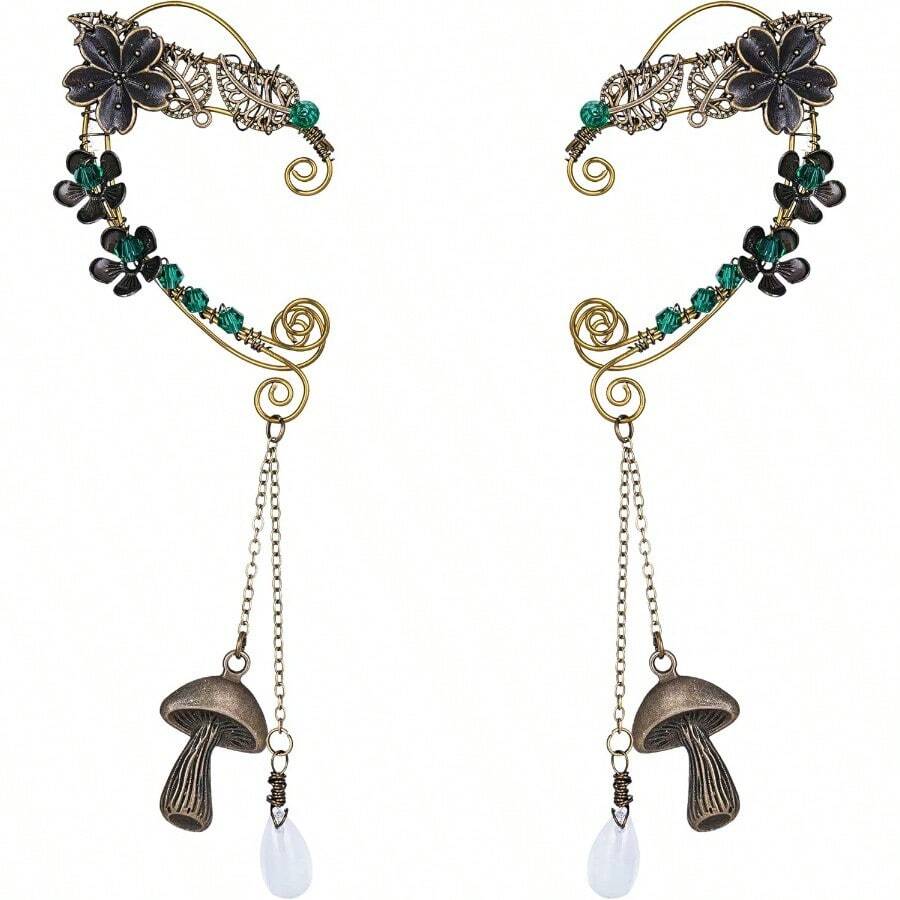 FRESHME Fairy Elf Ear Cuffs Handmade Bronze Antique Vintage Cuffs Drop Dangling Ear Clips Wraps For Women Renaissance Costume - 青銅精靈耳夾 - 蘑菇 - 查看 1