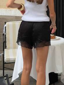 Y2K Satin Lace Shorts For Women Comfy Elastic Waist Mini Shorts Coquette Micro Mini Silk Shorts Casual Lounge Silk Shorts French Knickers Going Out Slip Bottoms - 黑色 - 查看 9