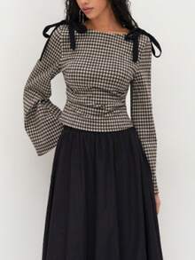 Women Fall Spring New Bow Plaid T-Shirt Long Sleeve Crew Neck Tie-Up Slim Fit Ladies Plaid Tops Streetwear Christmas Top - 咖啡棕 - 查看 5