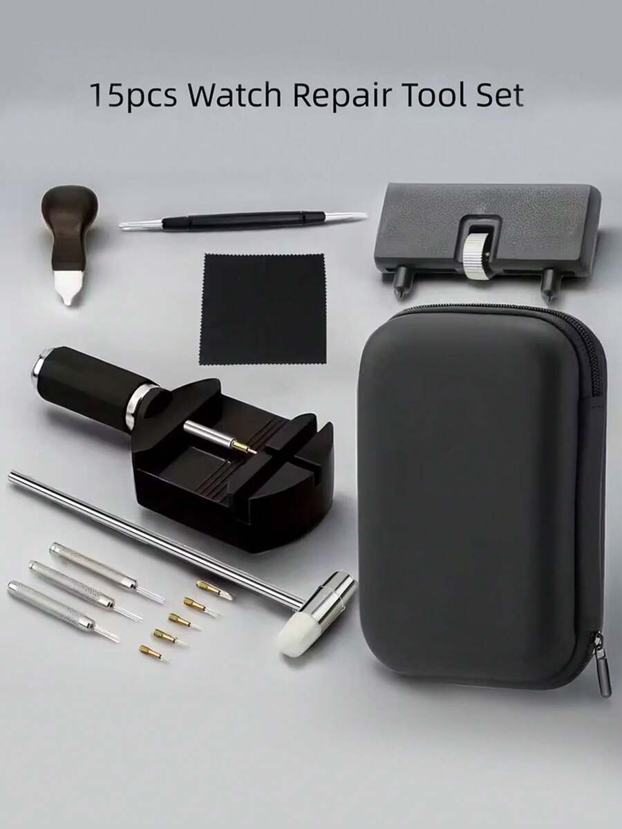 15pcs Luxury Professional Watch Repair Tool Kit, Stainless Steel, Including Case Back Opener, Hammer, Spring Bar, Link Remover And Watch Repair Adjustment Box