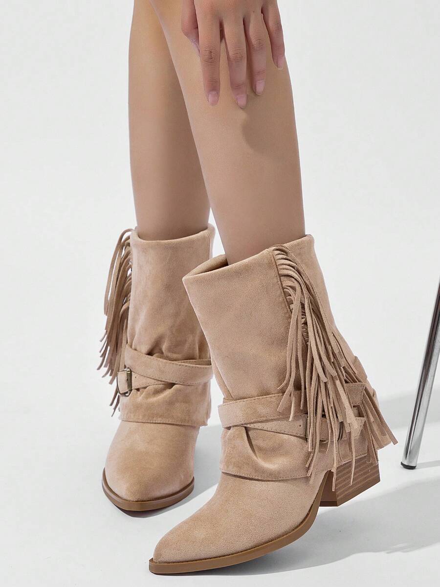 RevReaL Suede Fringe Ankle Boots – Western Style With Decorative Buckles, Side Zipper Buckles, Festive. - Khaki - View 1