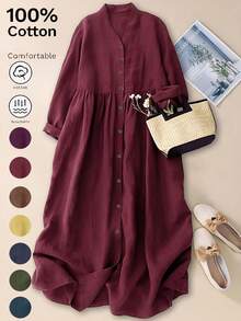大码女式 V 领前开式休闲宽松优雅连衣裙，适合春秋季节