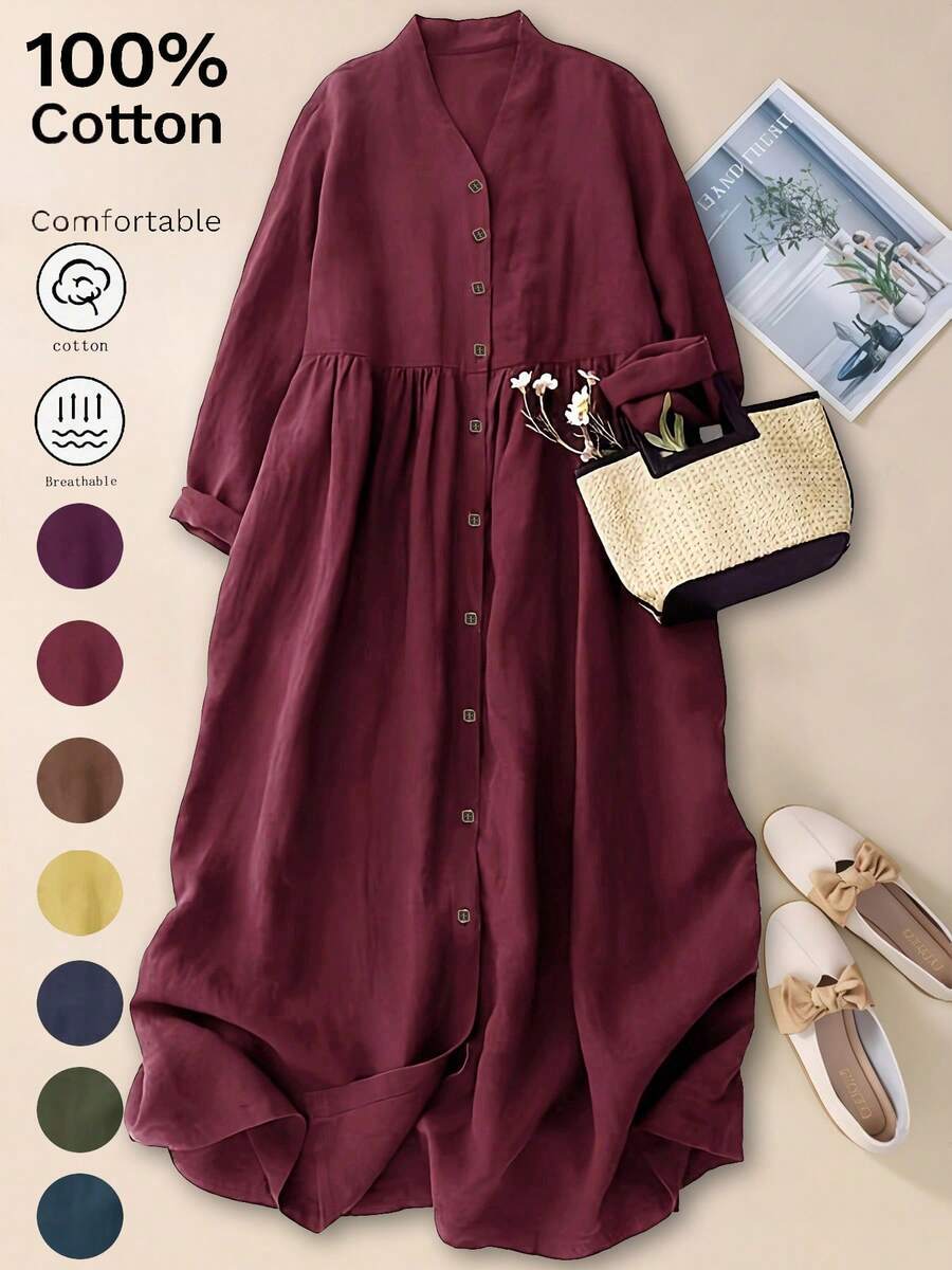 大码女式 V 领前开式休闲宽松优雅连衣裙，适合春秋季节