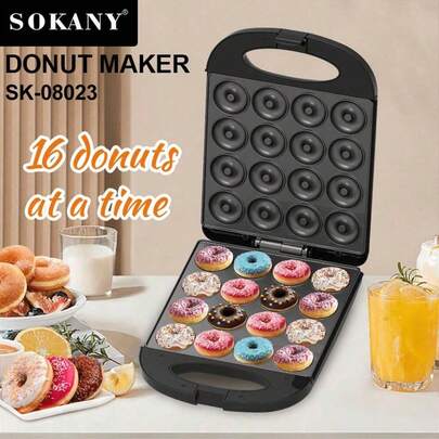 SOKANY 08023, Máquina para hacer donas, pasteles, pan, máquina de hornear. Bandeja antiadherente de 16 cavidades. Alta potencia, calentamiento por ambos lados, control automático de temperatura, luz indicadora, material de aluminio y confiable. Ideal para hacer donas, pasteles, panes y galletas para niños, herramienta esencial de cocina.