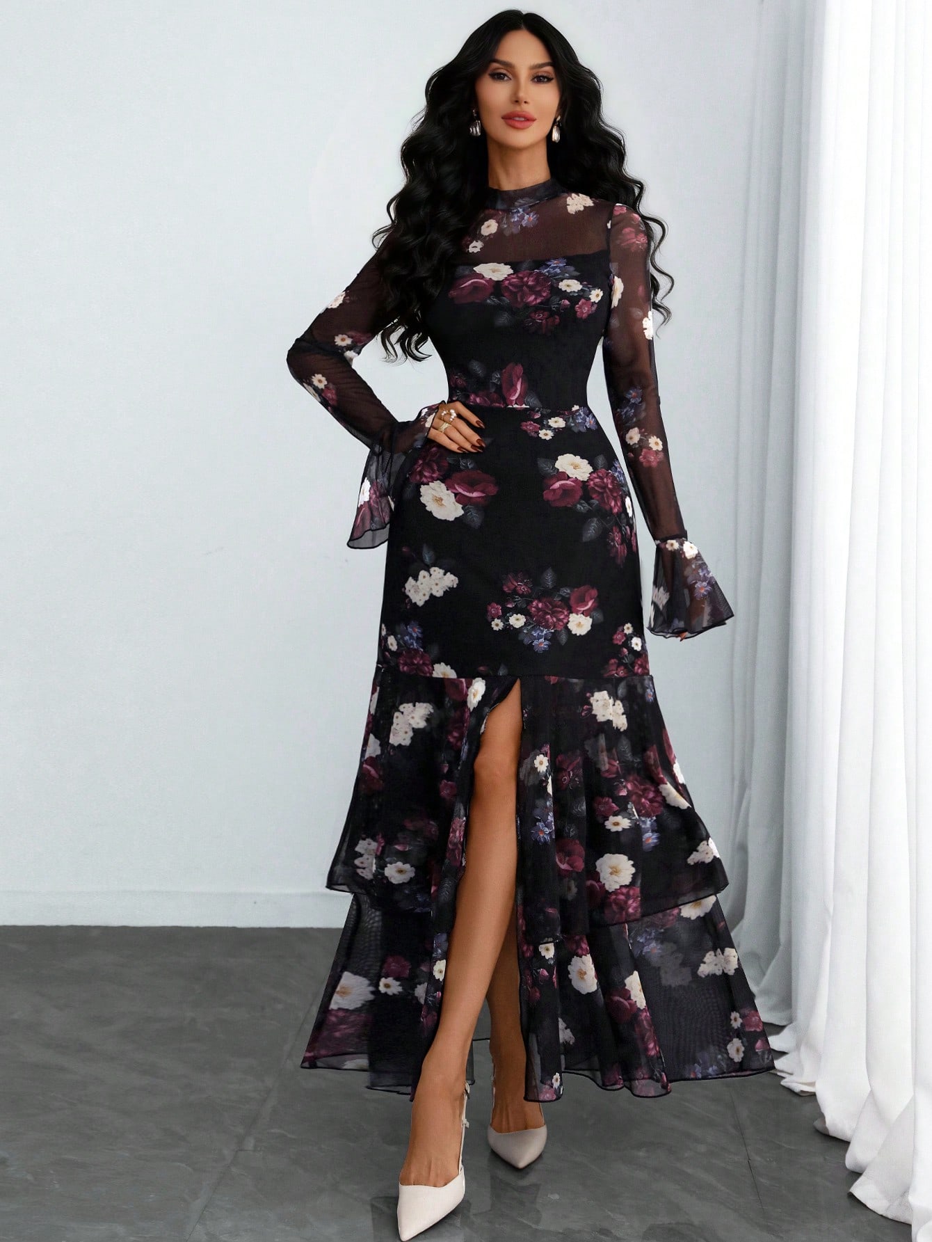 فستان نسائي مطبوع بياقة ماندرين، مشدود الخصر، وذو...