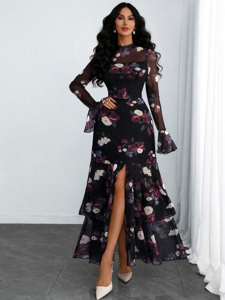 Vestido Romântico, Sexy e Elegante Feminino com Gola Mandarim, Cintura Marcada e Múltiplas Fendas, Adequado para Encontros, Férias e Uso Diário - Preto - Visão 5