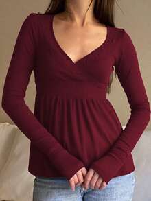 Women's Babydoll Tops Long Sleeve Smocked Waist Top Cute Lace V-Neck Coquette Peplum Top - 酒紅色 - 查看 2