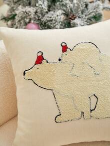 1pc Cute Polar Bear & Santa Hat Embroidered Throw Pillow Cover, Suitable For Living Room, Bedroom, Sofa, Party, All Season, Autumn/Winter - Multicolor - View 6