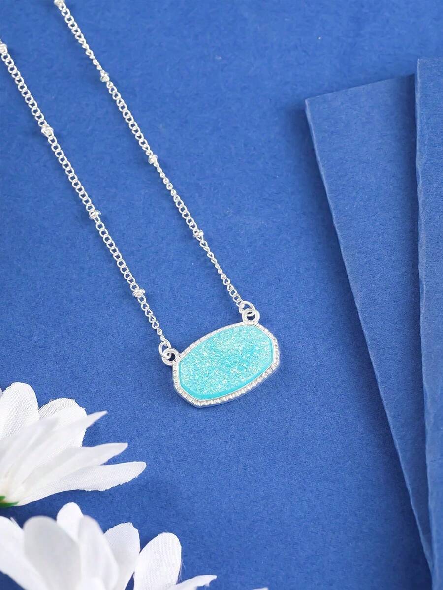 1 mặt dây chuyền, thiết kế hình bầu dục thời trang, đồng, thích hợp cho bạn gái, đeo hàng ngày và hẹn hò - Màu xanh nhạt - Xem 1