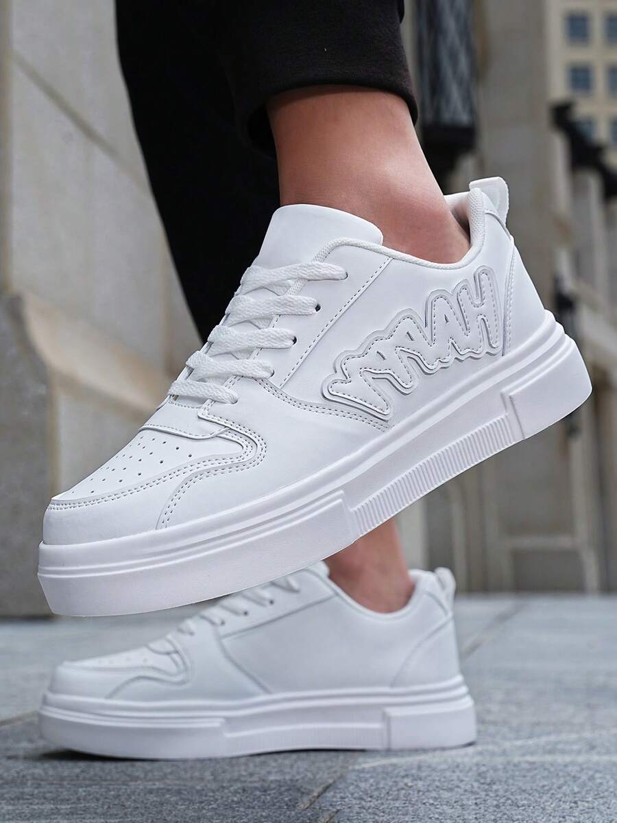 Men's White Low Top Skate Shoes, Casual Minimalist Sneakers For Daily Wear, Comfortable Walking Shoes - Perfect Gift For Him - 白色 - 查看 1