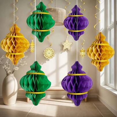6pcs Eid Mubarak Gourd Shaped Honeycomb Paper Pom Pom Decor, Ramadan Crescent Moon Purple & Gold Honeycomb Hanging Ornaments