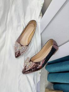 1双时尚金属鱼鳞纹平底鞋，饰有蝴蝶水钻，精美派对舞鞋，适合各种节日和场合。 - 銅色 - 查看 14